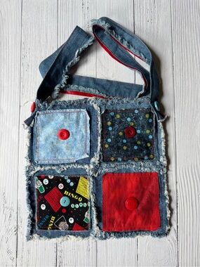 Upcycled Denim Tote Bag Patchwork Cotton Pockets Button Accent
